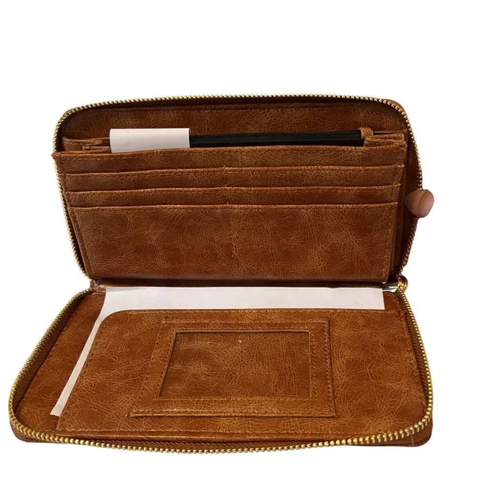 Brown Floral Women's Wallet w/ Blue & White Embroidered Flowers. Very Pretty